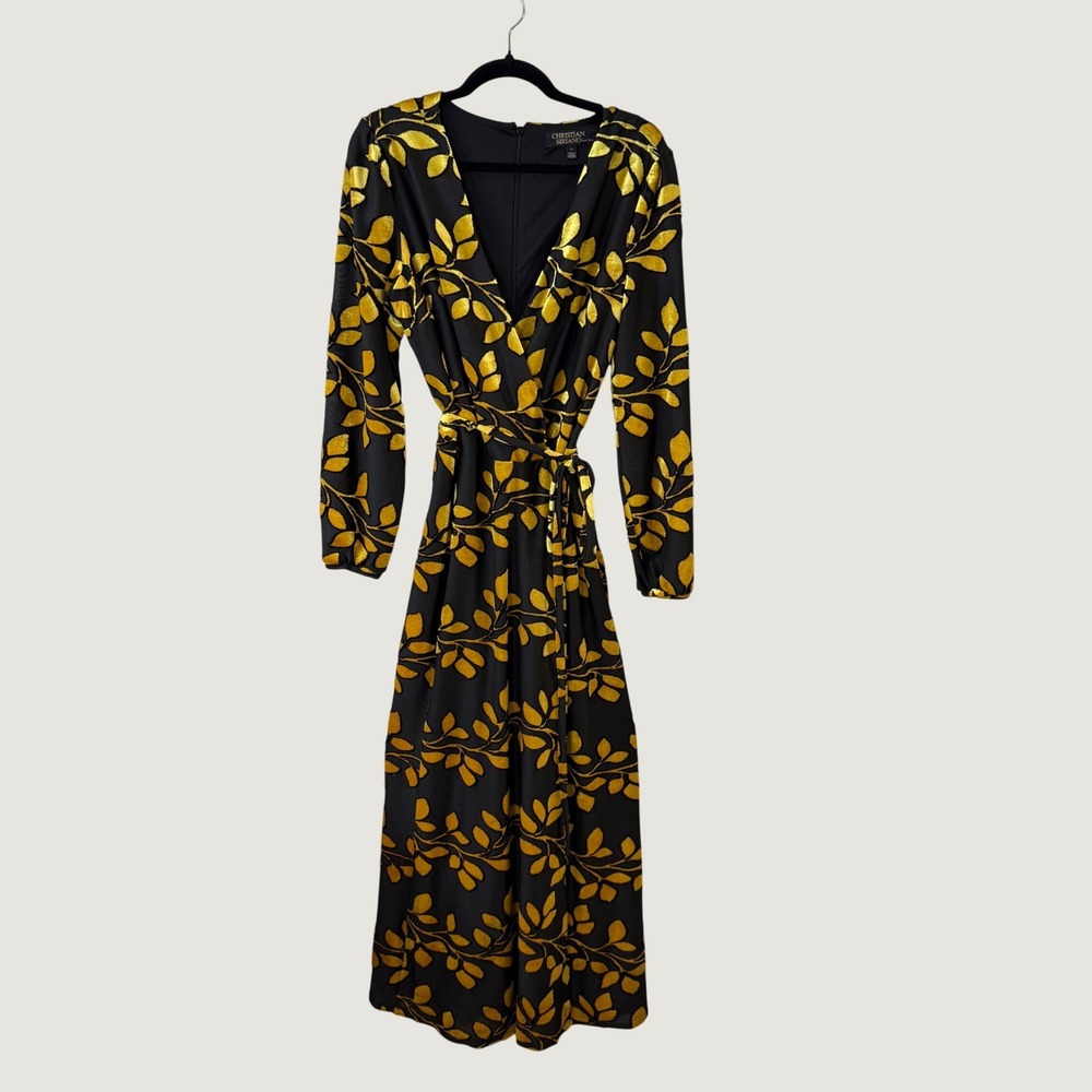 Christian Siriano Maxi Dress Black Gold Velvet Leaf Glam Regency Fall Formal 12